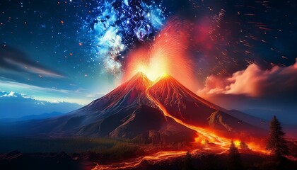 Fototapeta premium Cosmic Inferno: Eruption and Nebula Collide Over Volcanic Peak