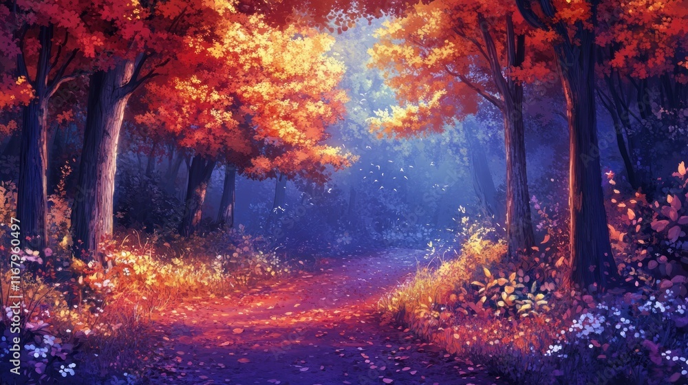 Poster sunlit autumn path through vibrant forest with red and orange leaves.