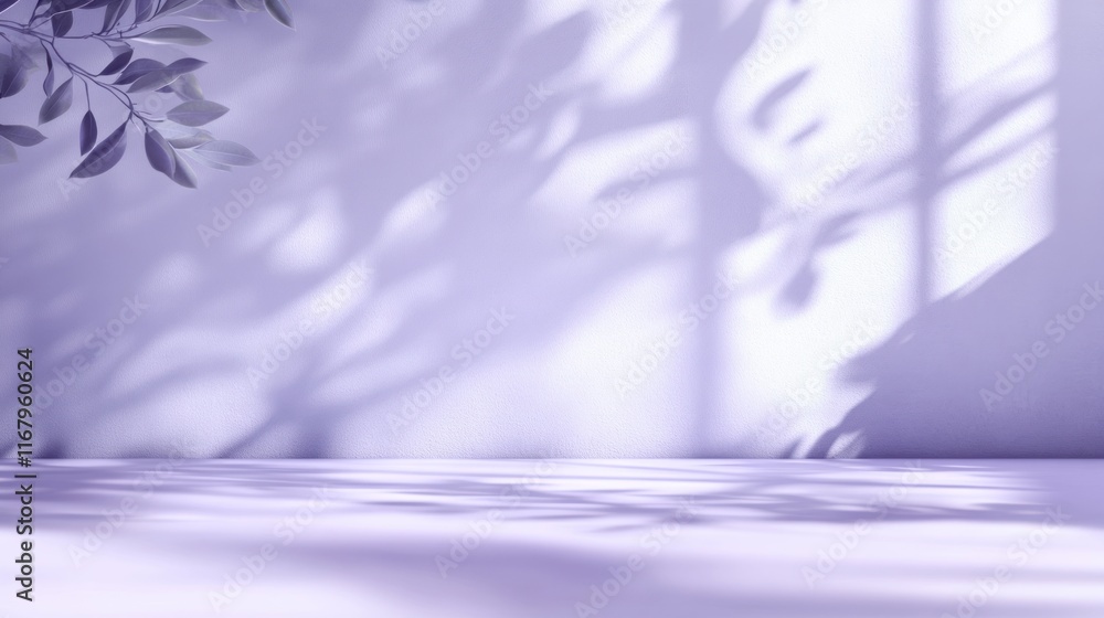 Poster Lavender-hued minimalist background with leaf shadows and empty space.