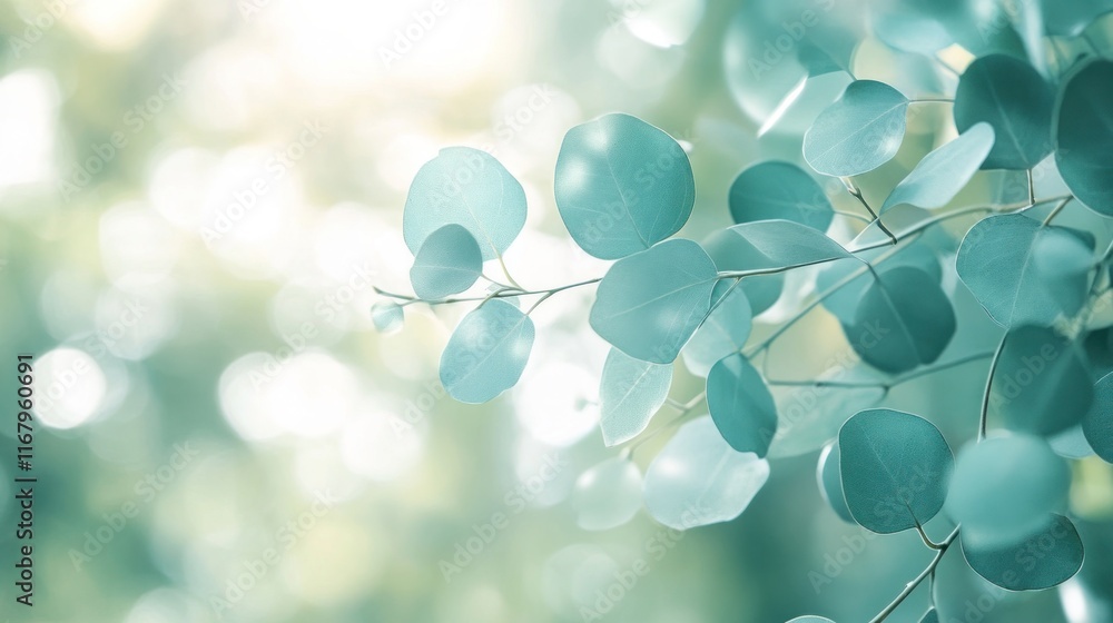Poster close-up of delicate, teal-toned eucalyptus leaves, backlit by soft sunlight, creating a bokeh effec