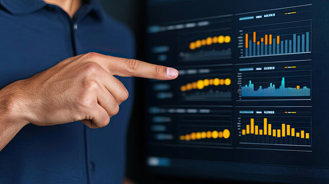 A person pointing at data visualizations on a digital screen, showcasing graphs and charts representing analytics and business performance.