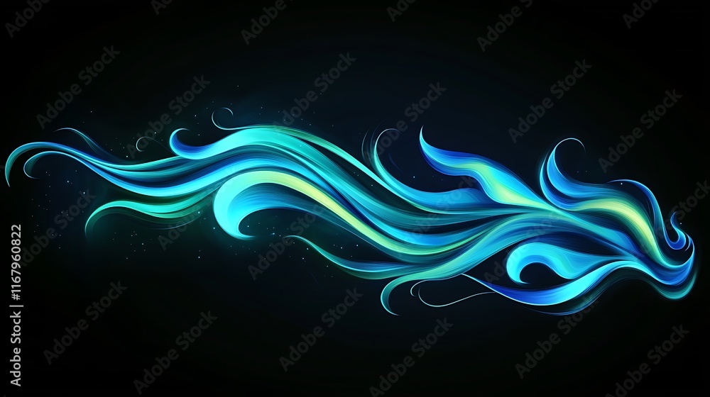 Poster abstract vector wave lines flowing dynamically in blue and green colors, elegantly isolated on a bla