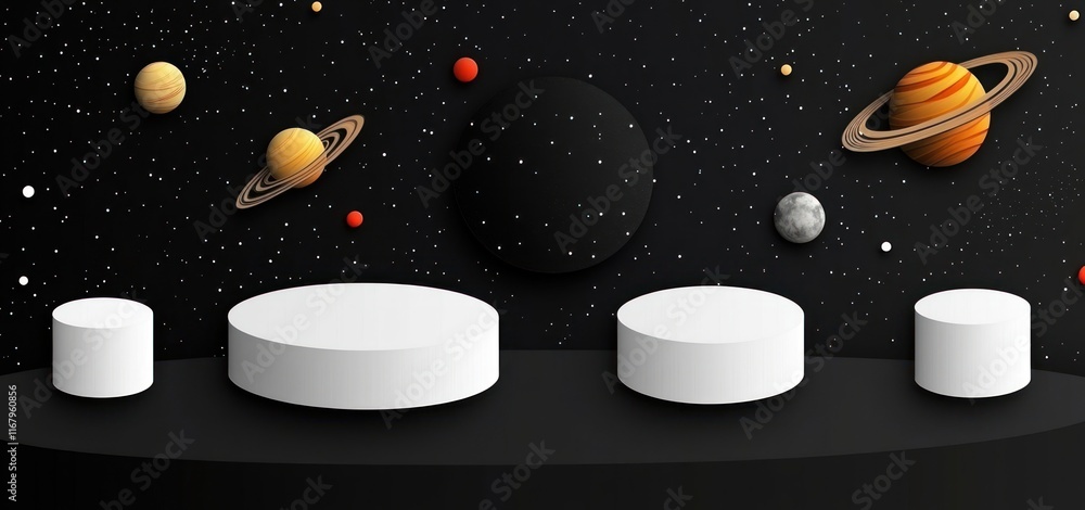 Poster cosmic product display with white cylinders on a black platform against a starry backdrop.