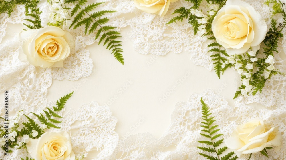 Poster Flatlay of yellow roses, ferns, and lace creating a frame with empty space in the center.