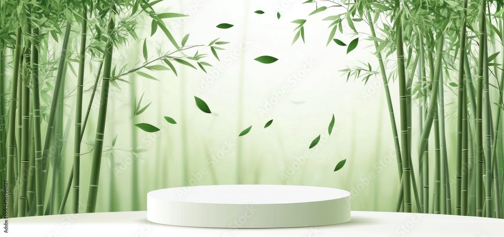 Poster minimalist product display with bamboo forest backdrop and falling leaves.