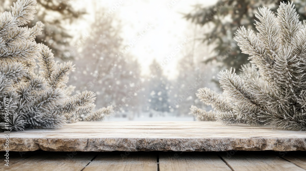 Poster snowy winter scene with frosted pine branches framing a rustic wooden table.