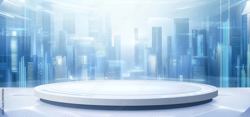 Poster futuristic city backdrop with a circular platform.