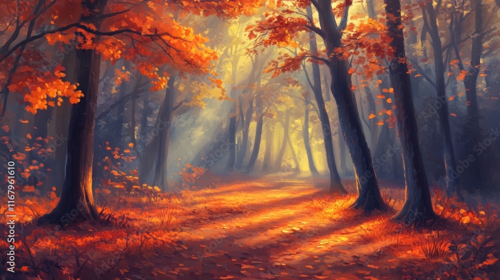 Poster sunlit autumn path through a vibrant forest with red and orange leaves.