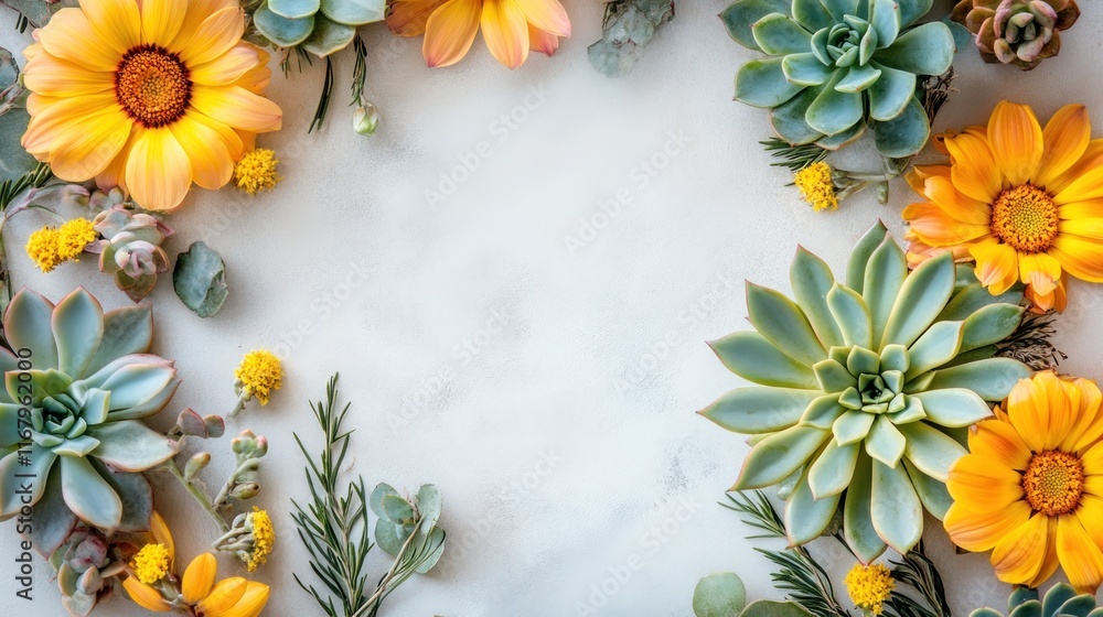 Poster Flat lay of succulents and yellow flowers arranged in a frame on a light background with copy space.