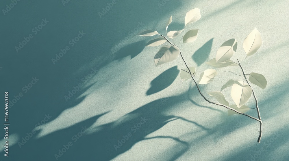 Poster sunlight illuminates a branch with pale leaves casting shadows on a teal backdrop.