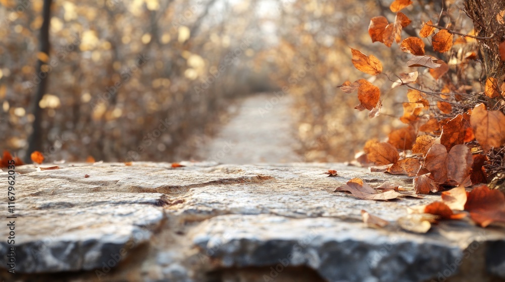 Poster stone surface with autumn leaves and blurred path background.