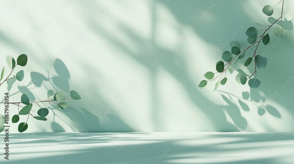 Poster Minimalist green background with eucalyptus branches and soft shadows.
