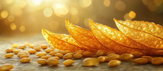 Close up of delicious golden crispy corn chips arranged on a textured background with scattered kernels  These crunchy salty snacks make a tasty nutritious appetizer or side dish for any meal