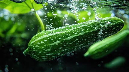 Closeup macro shot of a fresh and vibrant green cucumber with water droplets on the leaves and stem  The image showcases the natural texture pattern