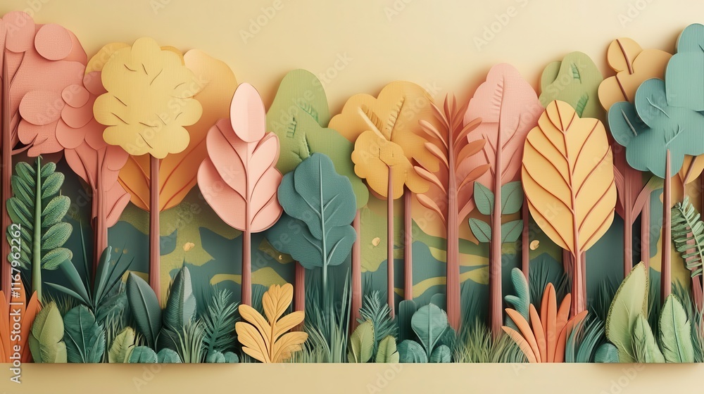 Poster A vibrant paper art display featuring colorful trees and leaves, creating a whimsical forest scene with various shapes and textures.
