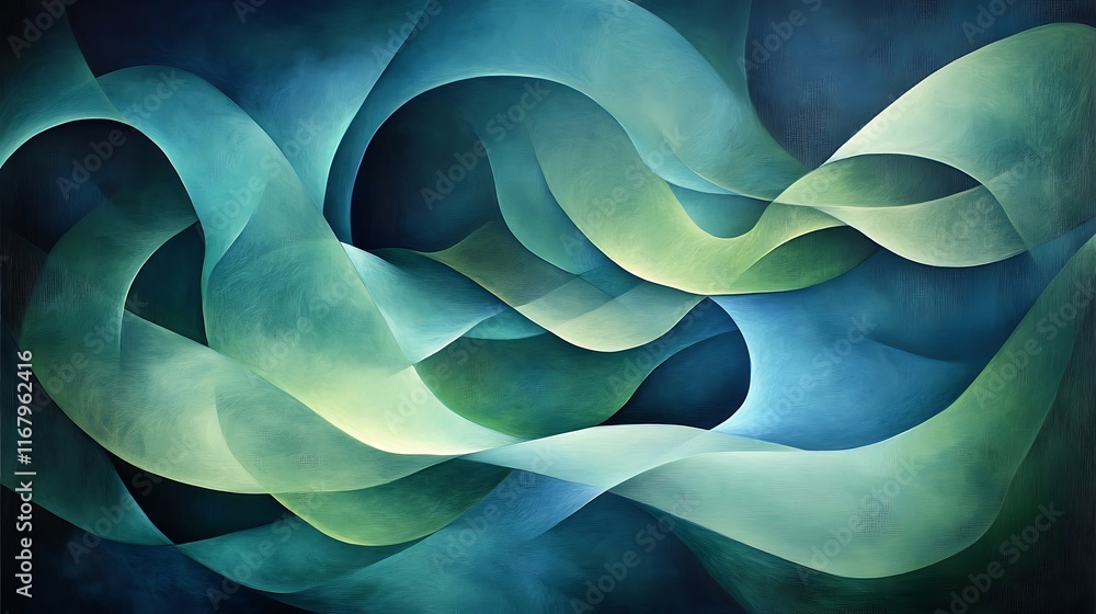 Poster an abstract design of gently flowing wave-like shapes in gradients of green and blue, blending harmo
