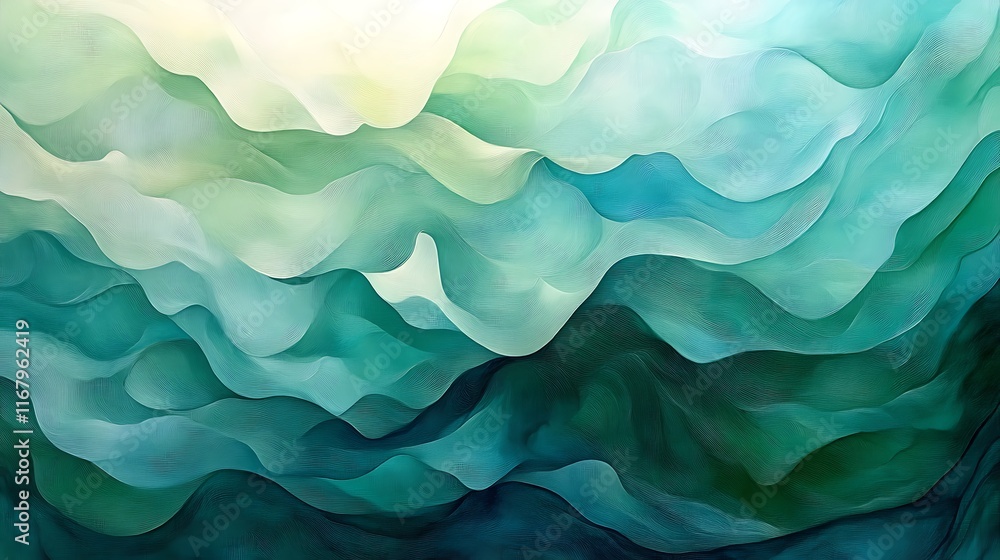 Poster an abstract design of gently flowing wave-like shapes in gradients of green and blue, blending harmo