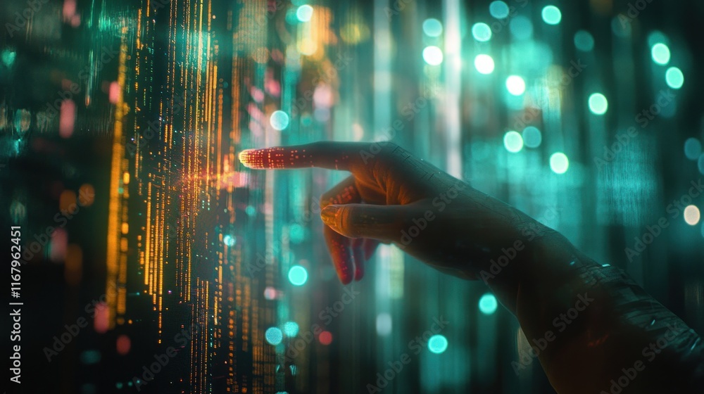Poster Hand interacting with a futuristic digital interface, glowing lines and bokeh background.