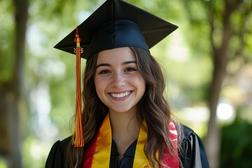 Smiling graduate, cap, gown, and celebratory tassel.