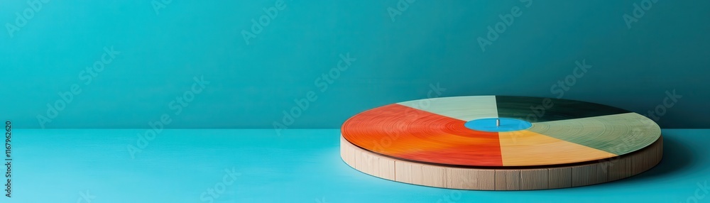 Poster A colorful circular object placed on a teal surface, featuring segments in various hues, creating a vibrant and artistic composition.