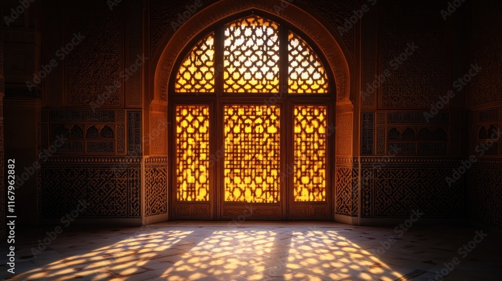 Poster Ornate arched window with sunlight streaming through intricate latticework, illuminating a dimly lit room with patterned walls.