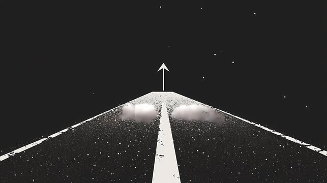 Minimalist image of a straight road with an arrow painted on the asphalt, guiding the way to the horizon, symbolizing focus and achievement. Wanderlust. Illustration