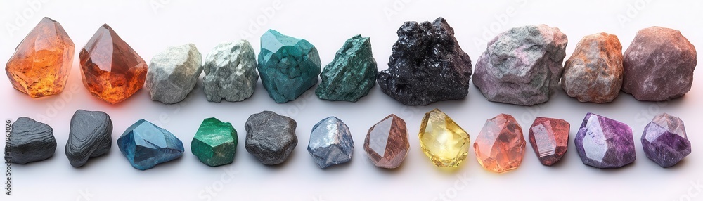 Poster a vibrant collection of various gemstones and crystals, showcasing unique colors and shapes arranged