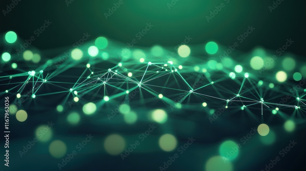 Poster abstract green network connection. glowing nodes and lines forming a digital landscape.