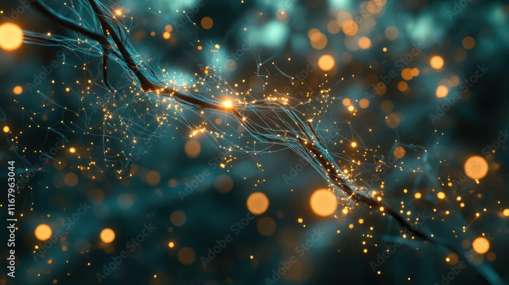 Poster abstract glowing teal and gold particles forming a neural network-like structure.
