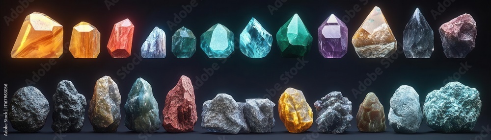 Poster gemstone collection chart flat design front view earth materials and rocks theme 3d render triadic c