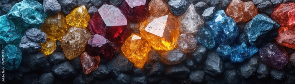 Poster a vibrant array of colorful gemstones and crystals scattered on a dark surface, showcasing their uni