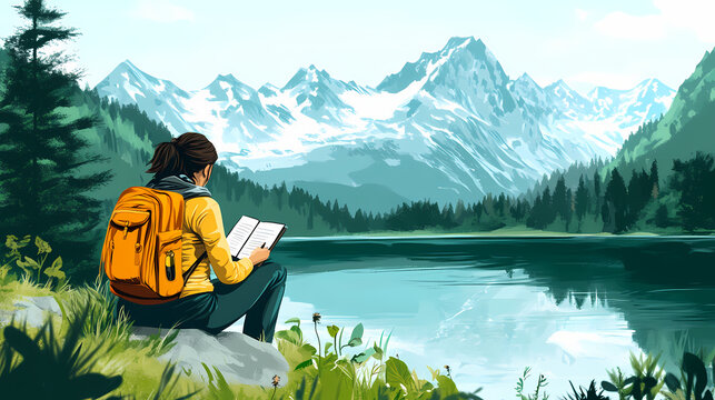 Nomadic traveler writing in a journal by a tranquil lakeside, embodying the spirit of wanderlust. Wanderlust. Illustration