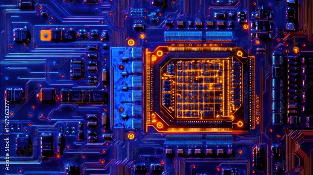 Poster close-up of a circuit board with a central processor illuminated in orange and blue hues.