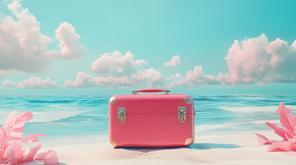 Red suitcase with beach scene on its surface, symbolizing travel and adventure. vibrant colors evoke sense of excitement and wanderlust. Wanderlust. Illustration