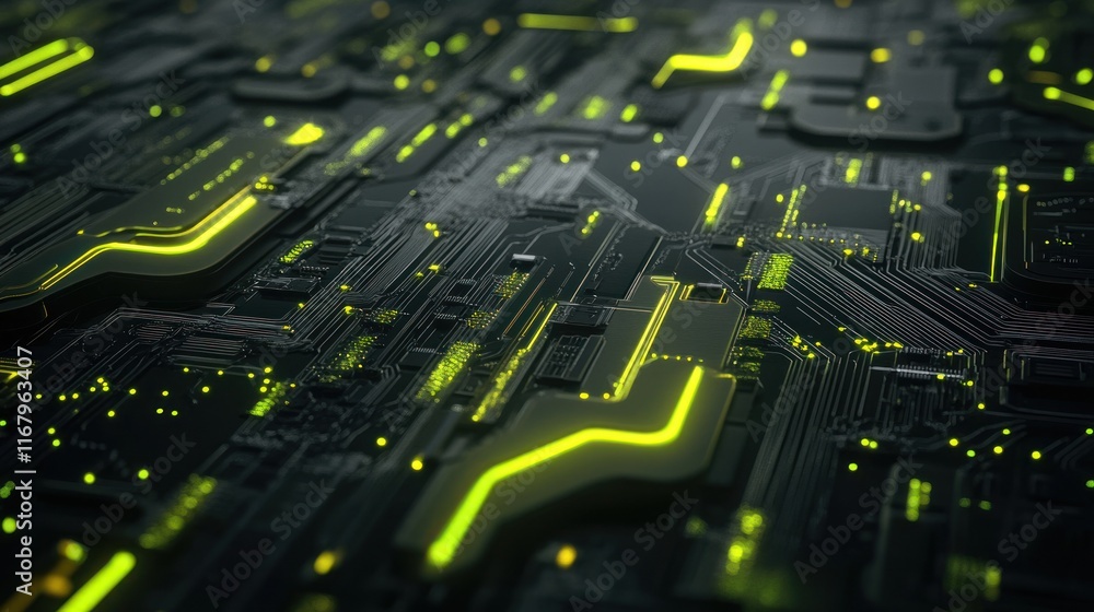 Aufkleber Abstract close-up of a circuit board with glowing green lines.