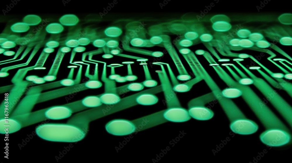 Aufkleber close-up of glowing green circuit board pathways and nodes.