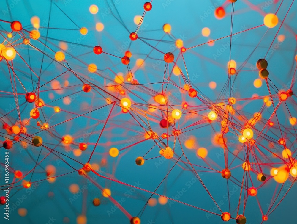 Aufkleber Abstract network connection of glowing nodes and lines on a teal background.