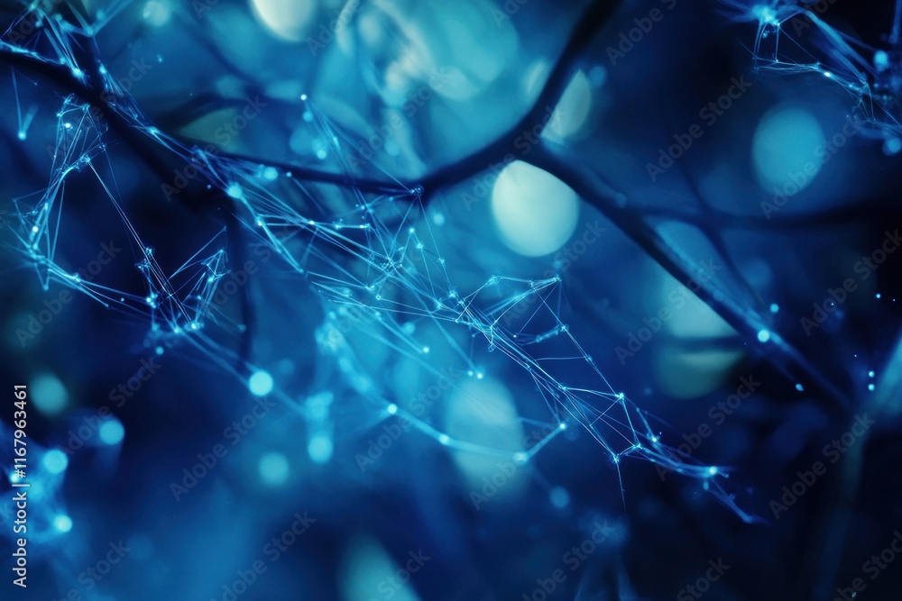 Poster abstract blue glowing network connections on a dark background, resembling a tree branch structure.