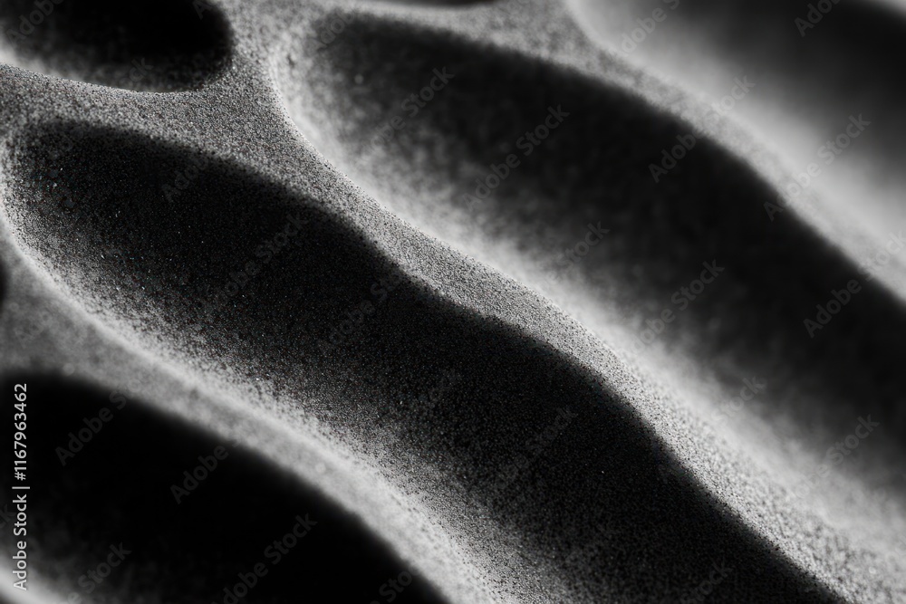 Poster close-up black and white textured image of sand dunes, showing ripples and shadows.