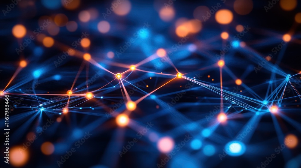 Poster Abstract network connection, glowing nodes and lines.