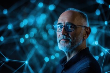 Portrait of a mature man with glasses against a futuristic blue network background.