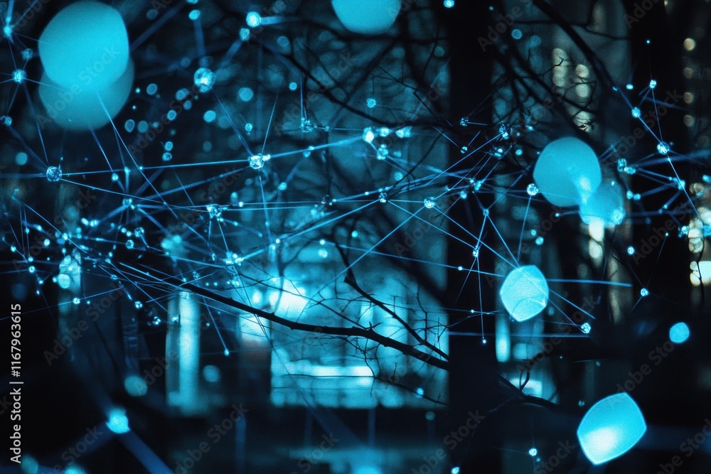 Poster abstract nighttime image of glowing network connections overlaying bare tree branches.