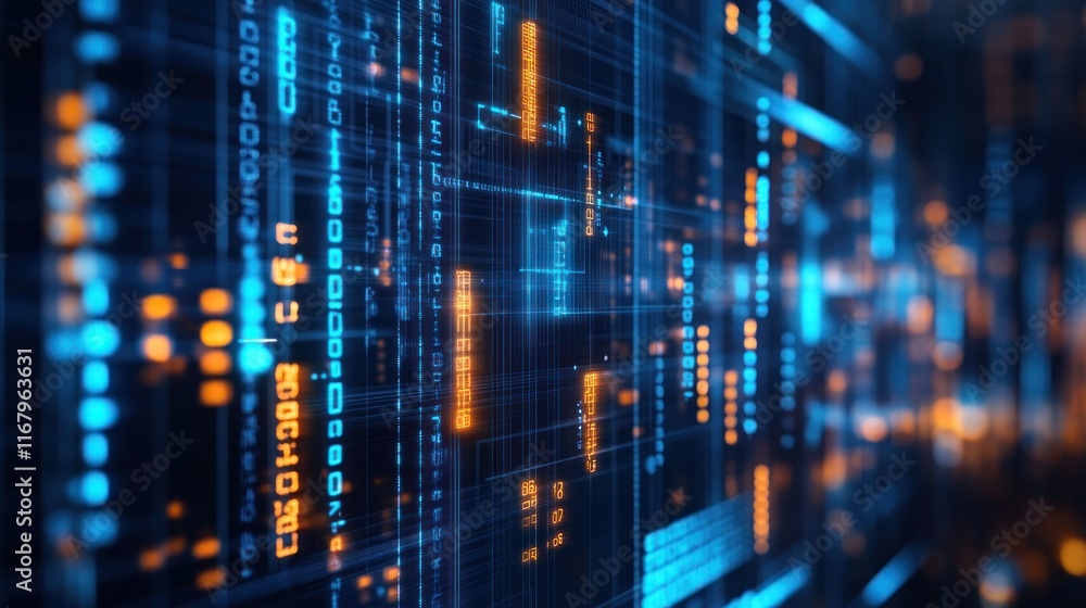 Poster Abstract digital data stream, glowing blue and orange binary code on dark background.