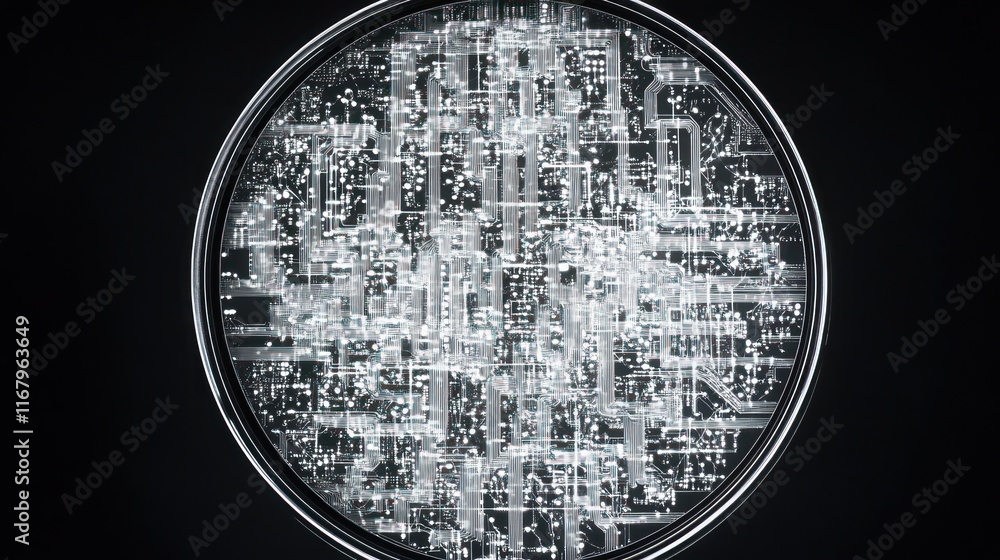 Poster Close-up of a complex circuit board pattern within a circular frame, resembling a futuristic microchip or technology.