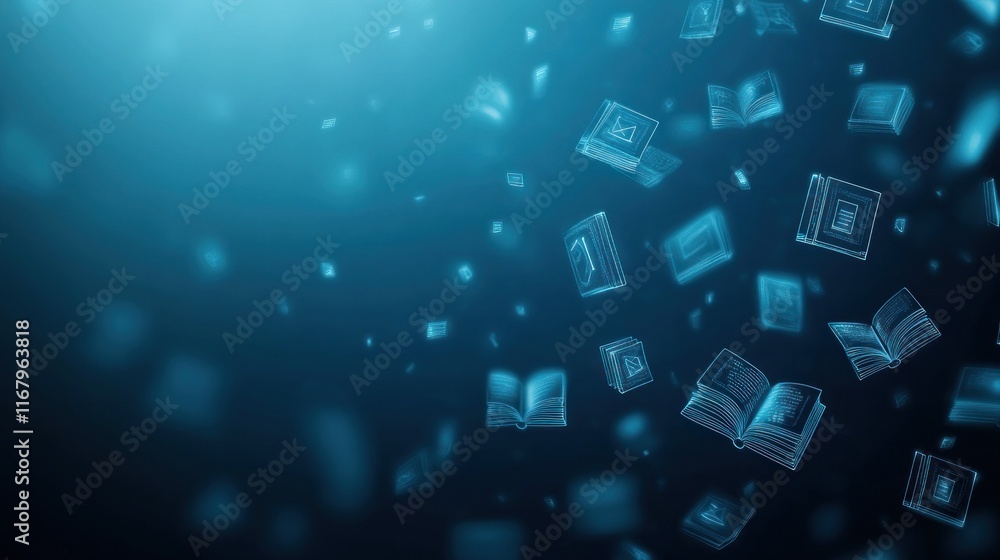 Poster abstract blue background with floating translucent books.