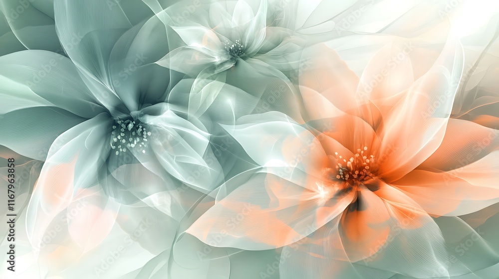 Poster an abstract floral background with overlapping translucent flower shapes, blending seamlessly to cre