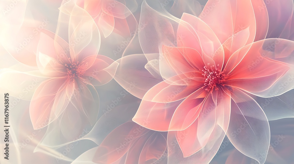 Aufkleber an abstract floral background with translucent overlapping flower shapes, blending in a soft, ethere
