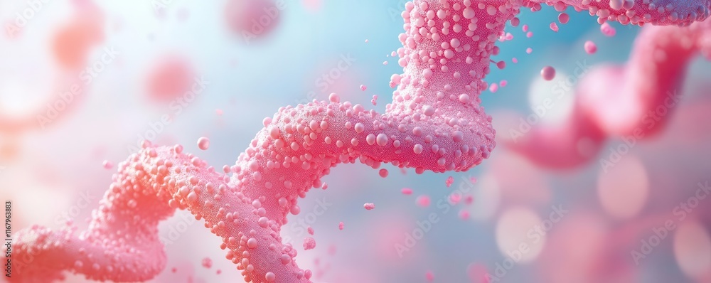 Poster a vibrant, abstract representation of intertwined molecular structures, showcasing clusters of parti