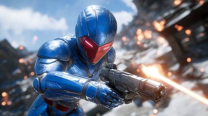 Futuristic soldier in blue armor firing weapon amidst explosions.