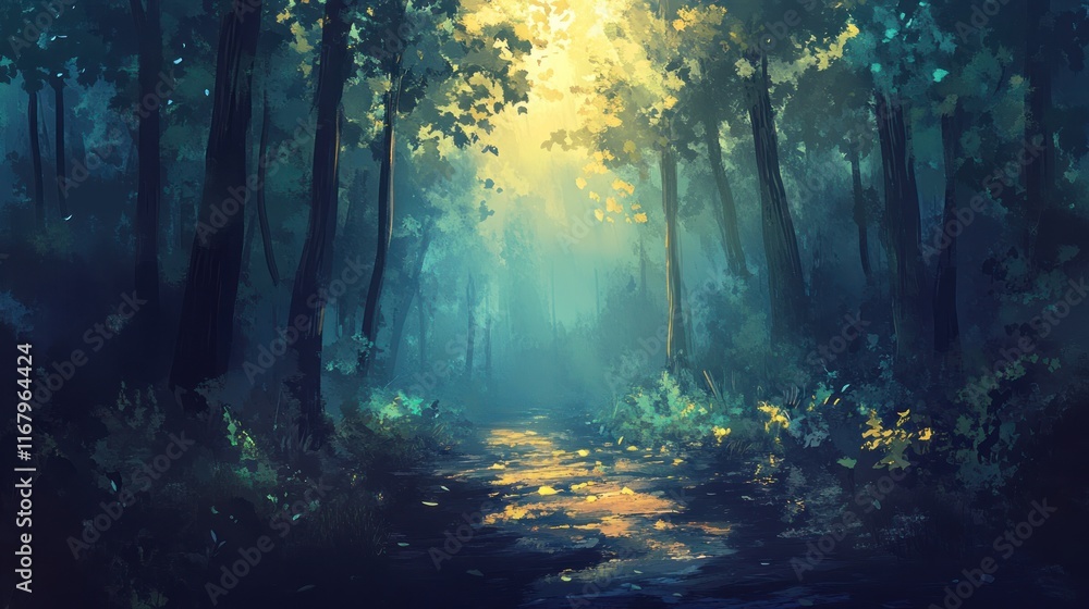 Poster sunlit path through a mystical, fog-laden forest.